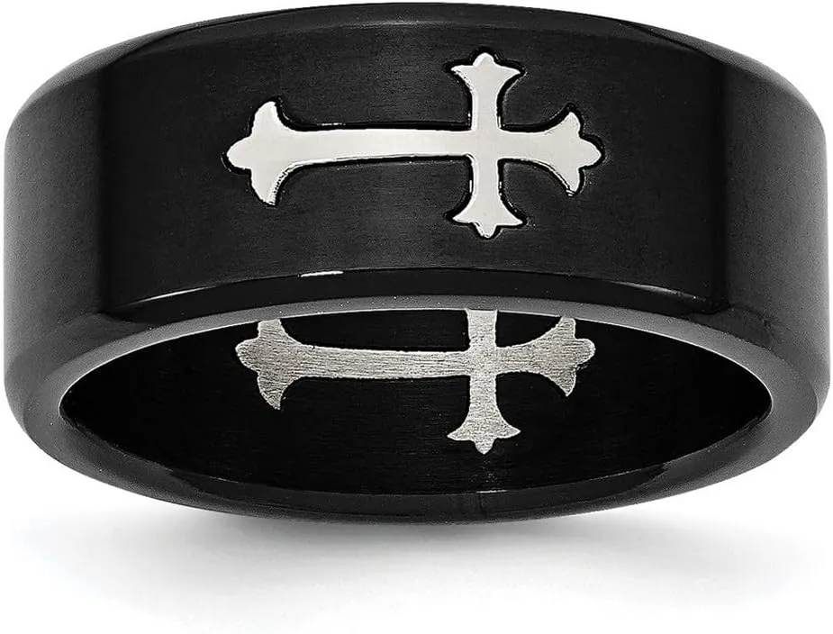 Stainless Steel Brushed Black Plated With Polished Religious Faith Cross Ring Size 11.5 9mm Wide