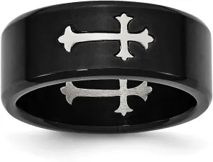 Stainless Steel Brushed Black Plated With Polished Religious Faith Cross Ring Size 11.5 9mm Wide