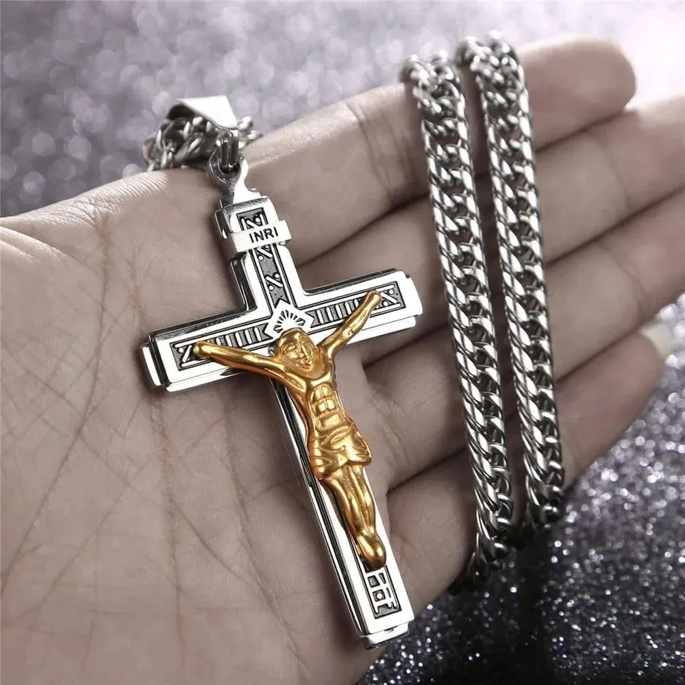 Stainless Steel Crucifix Jesus Cross Necklace Pendant Multilayer Jesus Christ Crucifix Necklaces with 24'' Chain