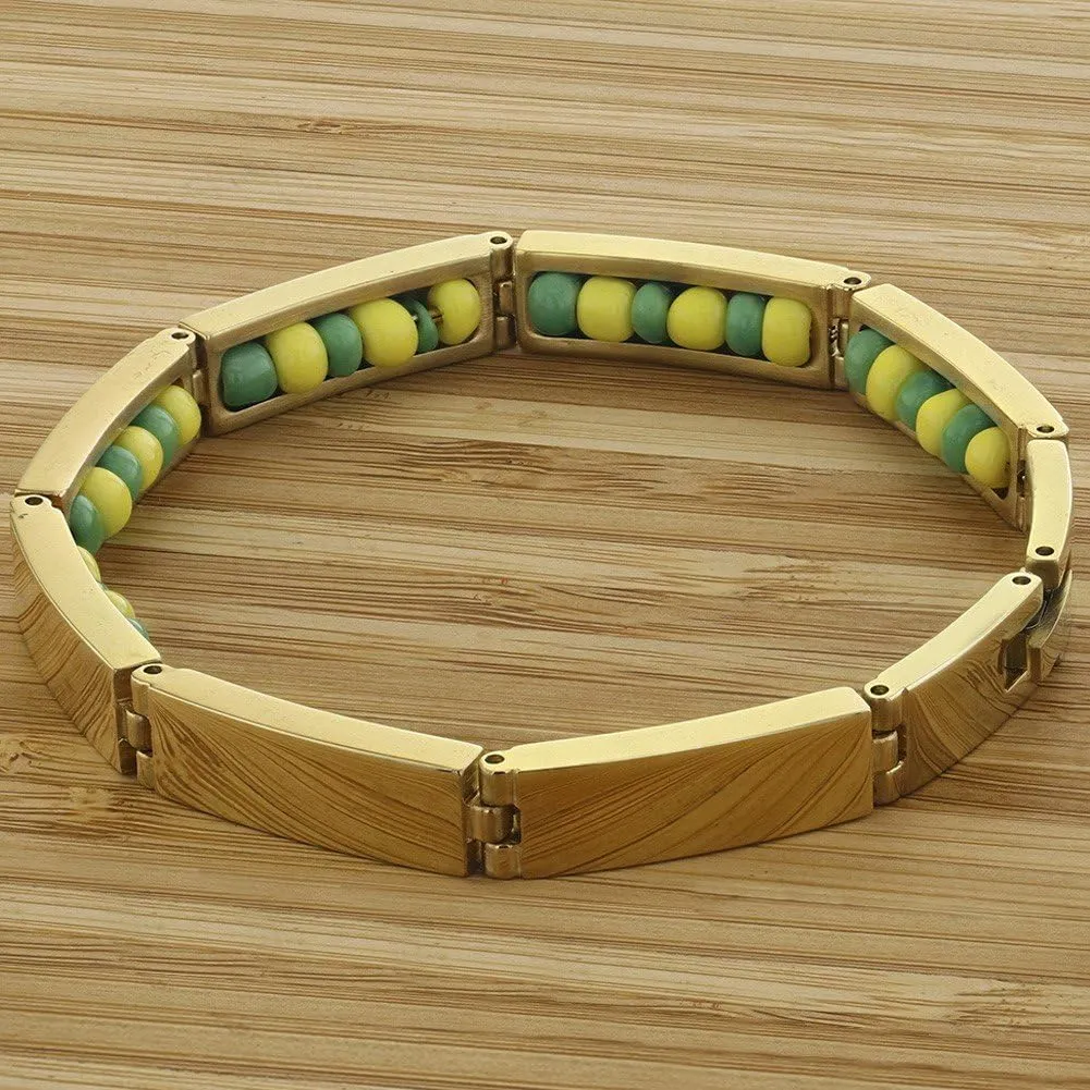 Stainless Steel Gold Tone Green & Yellow Babalawo Orula Bracelet - Green and Yellow Beads Meaningful Babalawo Orula Bracelet Jewelry Gift for Men and Women