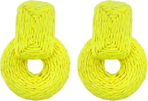 Statement Raffia Round Earrings for Women,Boho Drop Handmade Braid Straw Wicker Raffia Earrings Geometric Dangle Earrings