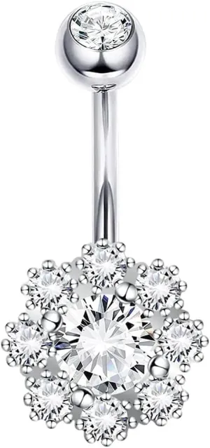 Sterling Silver Belly Button Rings, Real 925 Sterling Silver, 14G Sterling Silver Navel Rings, High Polished Smooth Surface, Resists Allergy, 925 Silver Belly Piercing, Circular Flower CZ