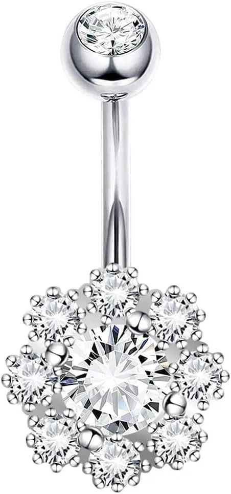 Sterling Silver Belly Button Rings, Real 925 Sterling Silver, 14G Sterling Silver Navel Rings, High Polished Smooth Surface, Resists Allergy, 925 Silver Belly Piercing, Circular Flower CZ