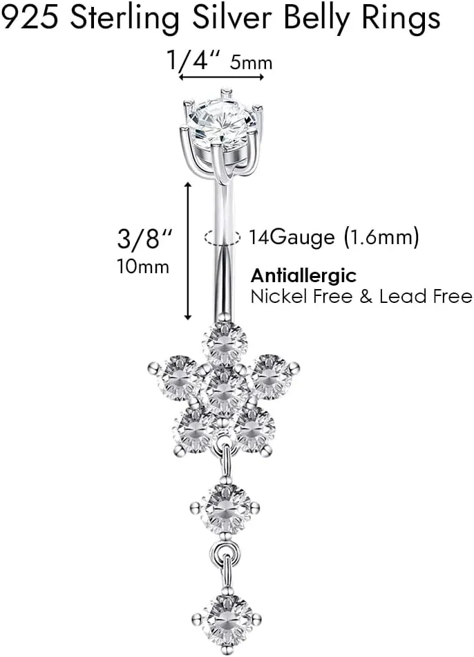 Sterling Silver Belly Button Rings, Real 925 Sterling Silver, 14G Sterling Silver Navel Rings, High Polished Smooth Surface, Resists Allergy, 925 Silver Belly Piercing