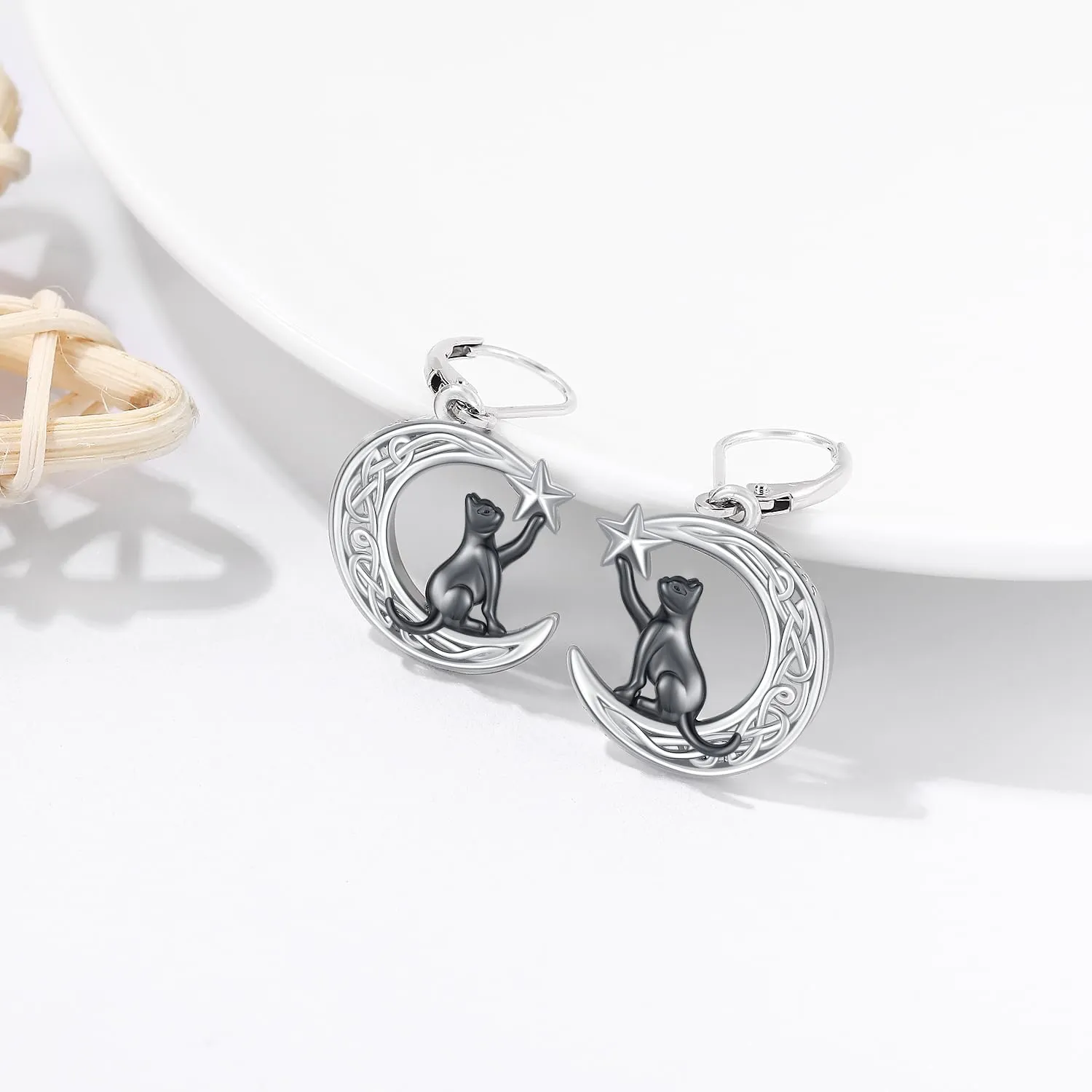 Sterling Silver Tree of Life/Cat/French Bulldog/Koala Dangle Drop Leverback Earrings Moonstone Jewelry Gifts for Women