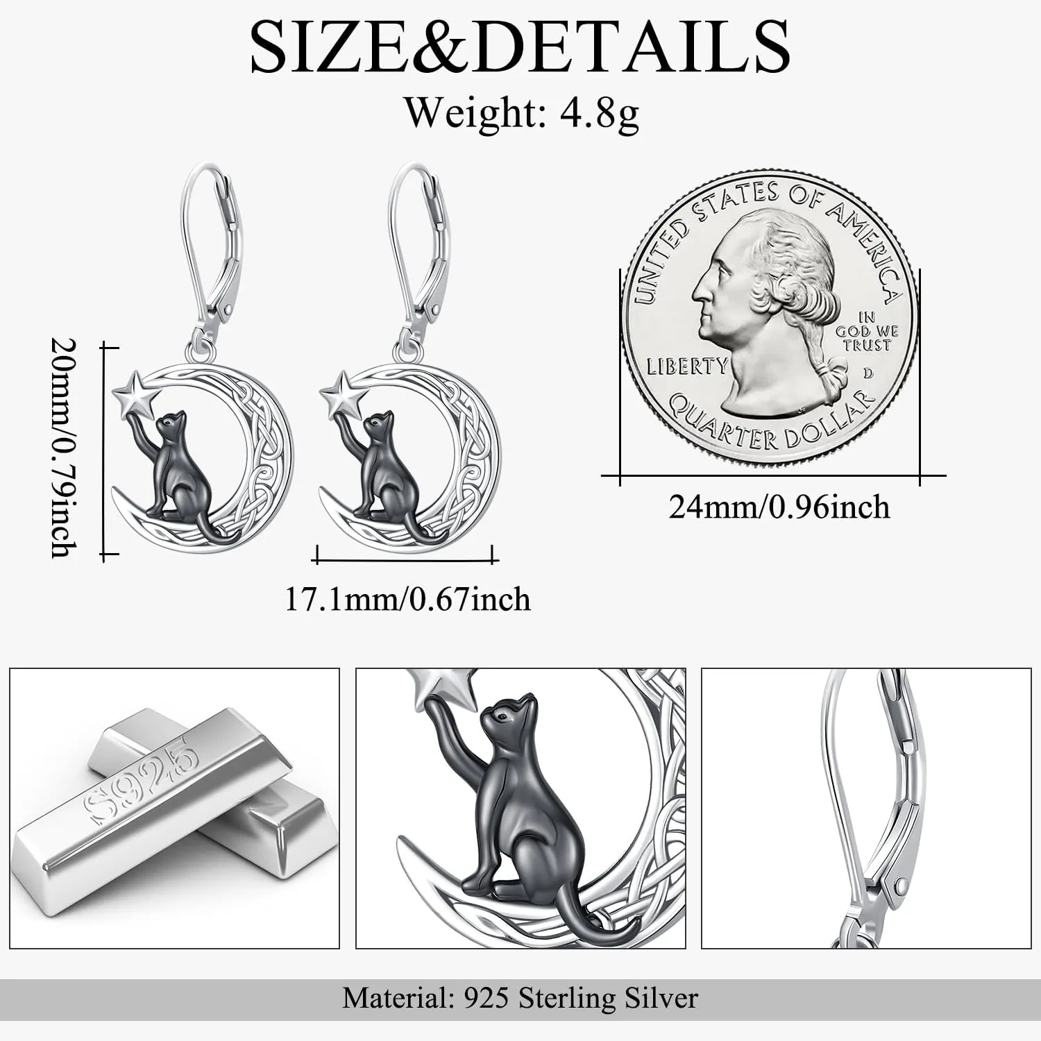 Sterling Silver Tree of Life/Cat/French Bulldog/Koala Dangle Drop Leverback Earrings Moonstone Jewelry Gifts for Women