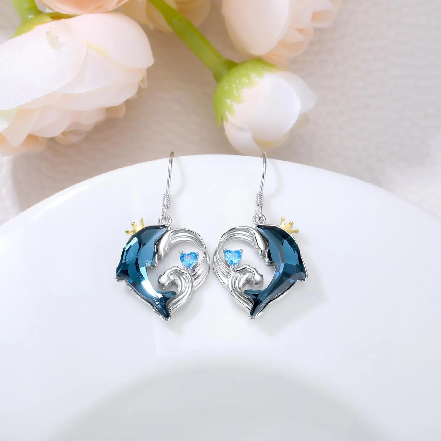 Sterling Silver Wave Dolphin Earrings - Women's Stud Earrings, Perfect Gifts for Dolphin Lovers