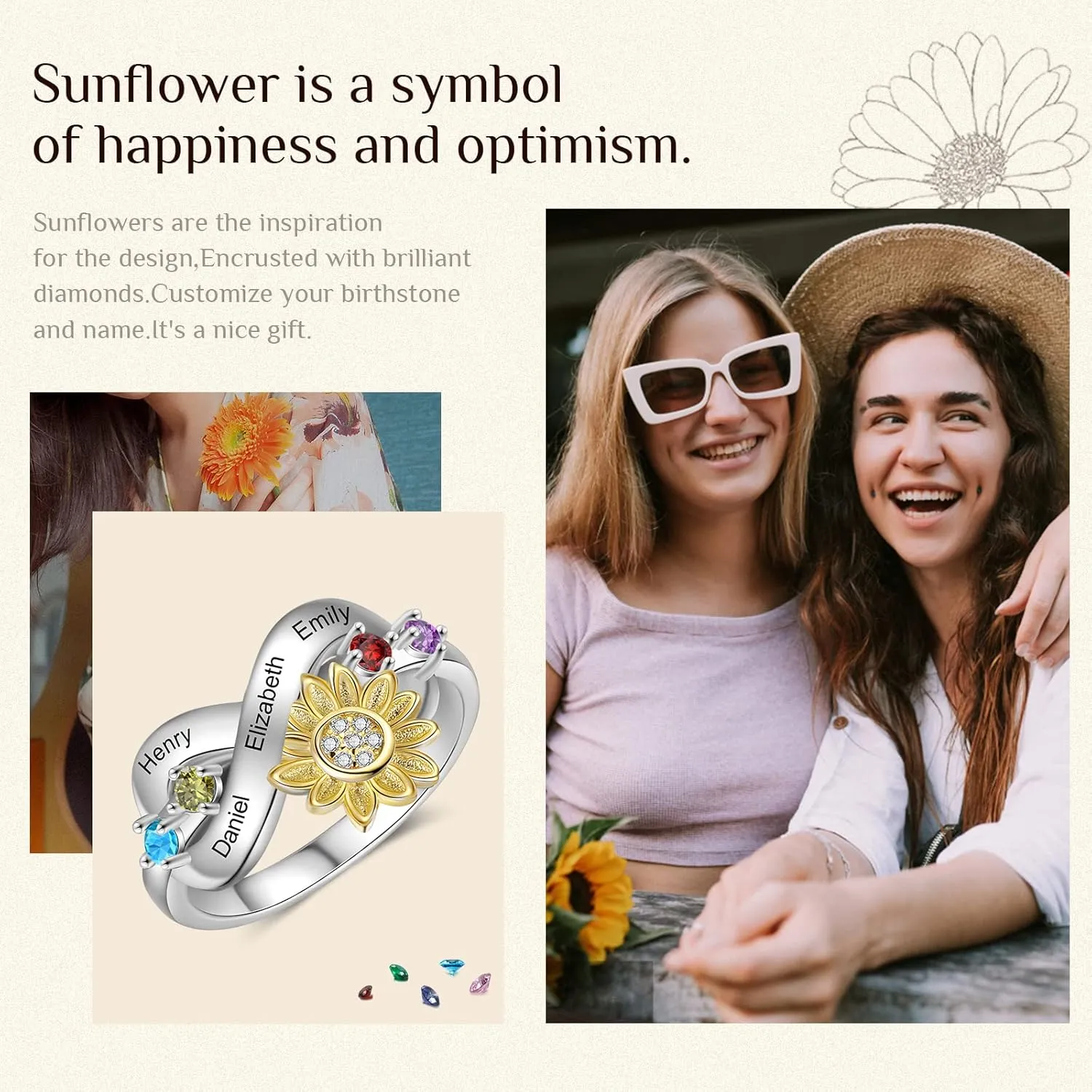 Sunflower Ring for Women-You Are My Sunshine Sunflower Ring with Birthstone Custom Promise Ring for Her Mother Girlfriend Wife