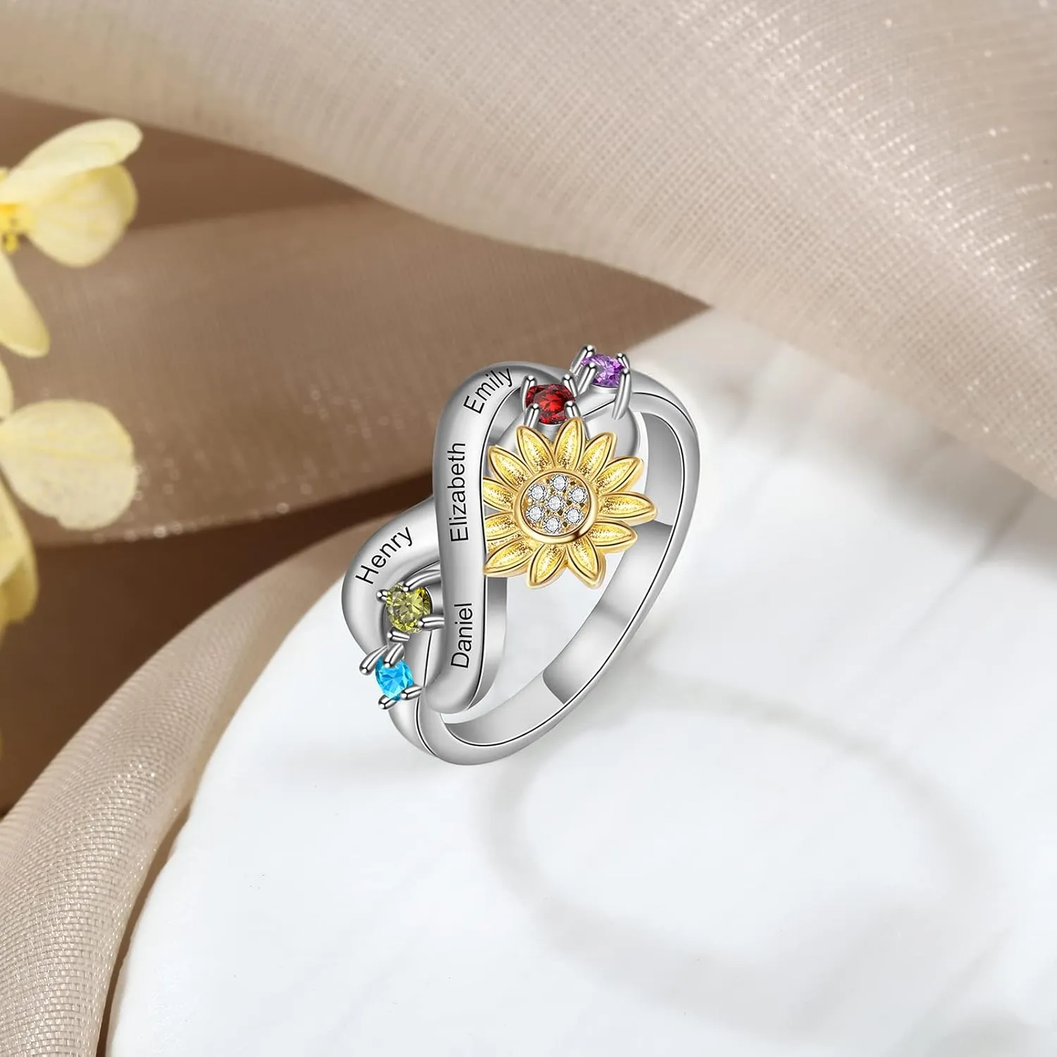 Sunflower Ring for Women-You Are My Sunshine Sunflower Ring with Birthstone Custom Promise Ring for Her Mother Girlfriend Wife