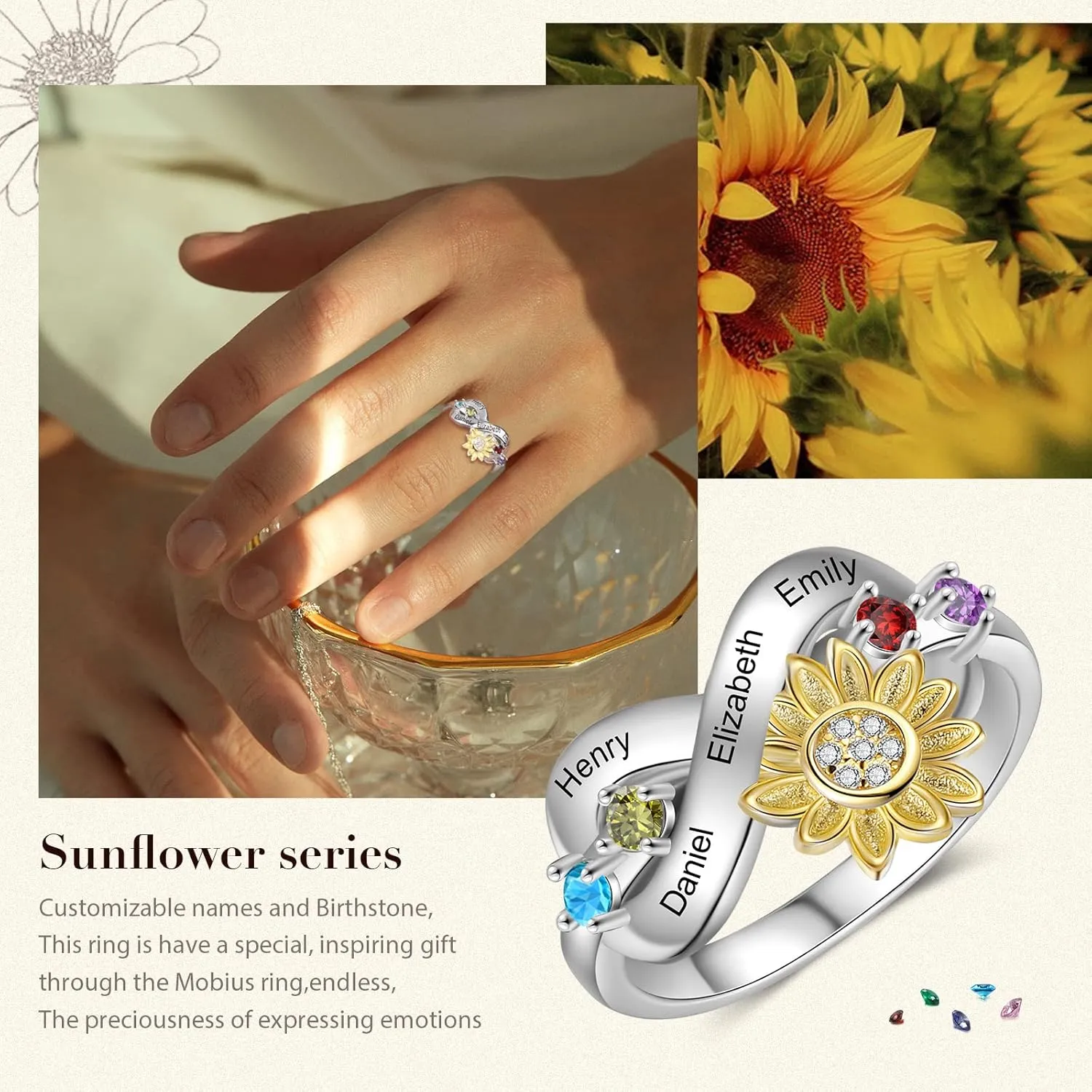 Sunflower Ring for Women-You Are My Sunshine Sunflower Ring with Birthstone Custom Promise Ring for Her Mother Girlfriend Wife