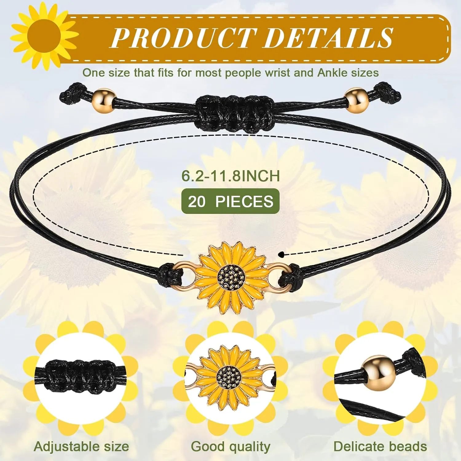 Sureio 20 Pcs Sunflower Bracelets Funny Gifts Adjustable Handmade Friendship Bracelet Bulk Boho Braided Rope String Bracelets for Women Couples Friend