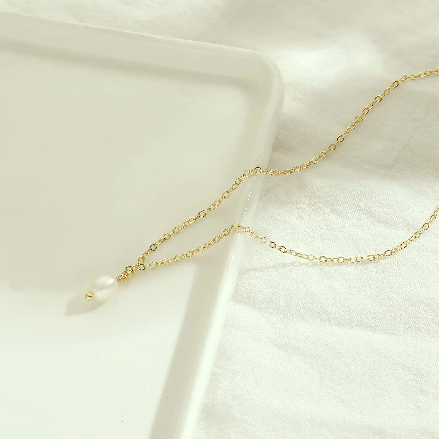 Tasiso Dainty Pearl Necklace - Women's Pendant Necklaces with Barque Pearl Pendant and Paperclip Toggle - Simple Bridesmaid Jewelry Gift