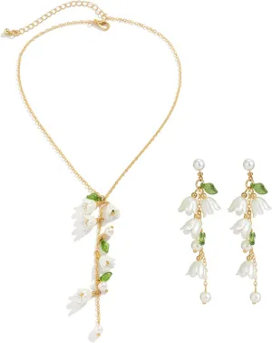 Tassel Vintage Lily Chic White Bell Orchid Flower Pearl Green Leaf Dangle Earrings Necklace Set for Women Bridal