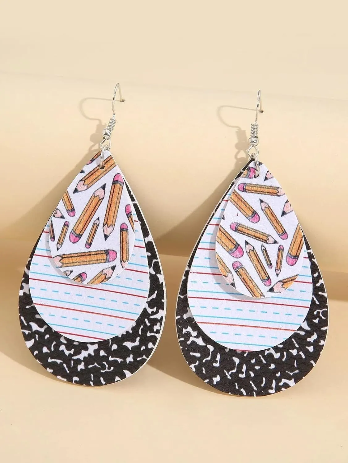 Teacher Earrings for Women Pencil Print Teardrop Drop Faux Leather Earrings Hypoallergenic Lightweight Dangle Earrings Jewelry Gifts