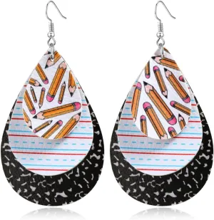 Teacher Earrings for Women Pencil Print Teardrop Drop Faux Leather Earrings Hypoallergenic Lightweight Dangle Earrings Jewelry Gifts