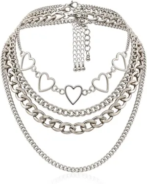 tenghong2021 Silver Layered Choker Necklace Simple Hearts Necklace Statement Lock Key Pendant Necklace Chic Style Jewelry for Women