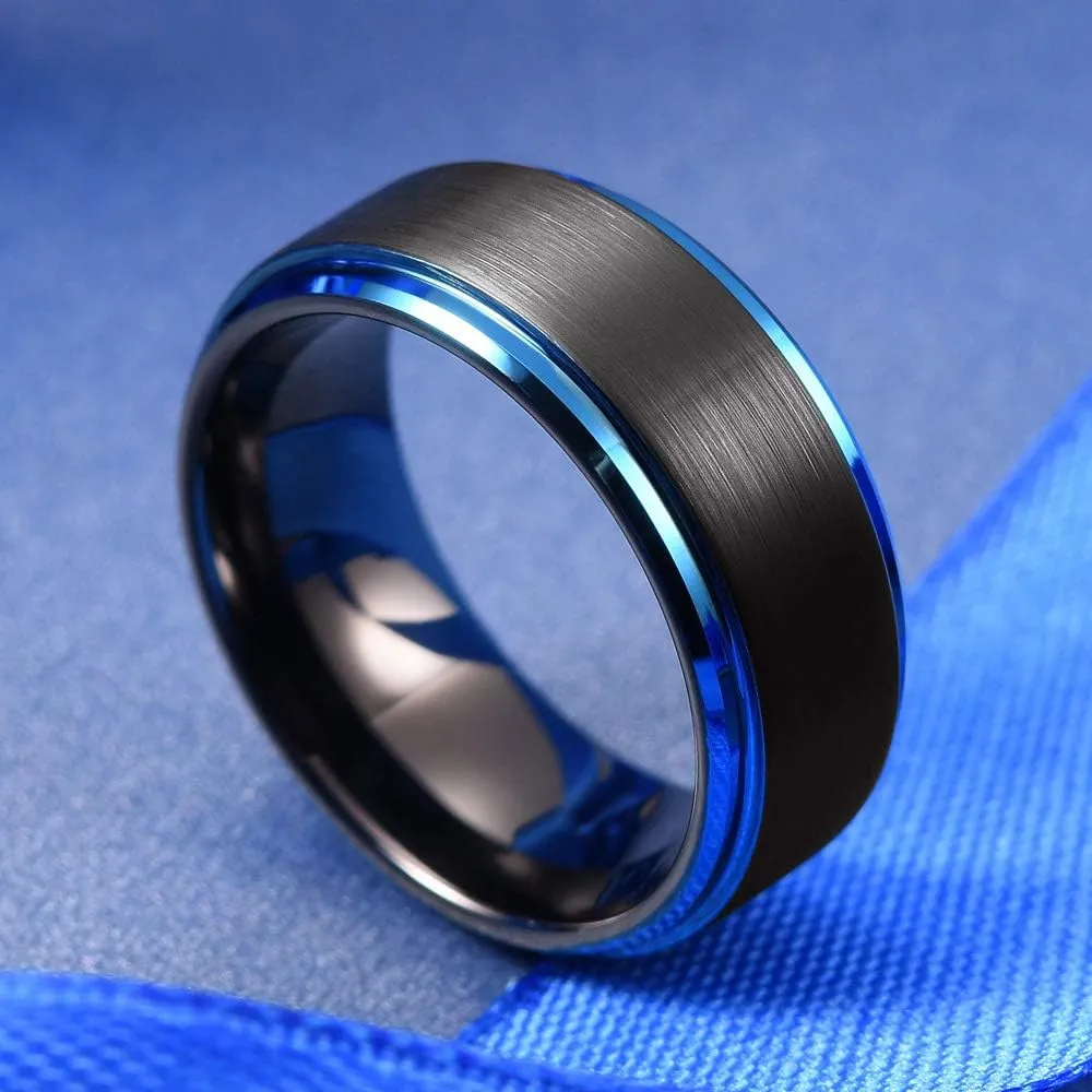 THREE KEYS JEWELRY Mens Wedding Bands 8mm Brushed Surface Edge Polished Tungsten Carbide Wedding Ring Comfort Fit