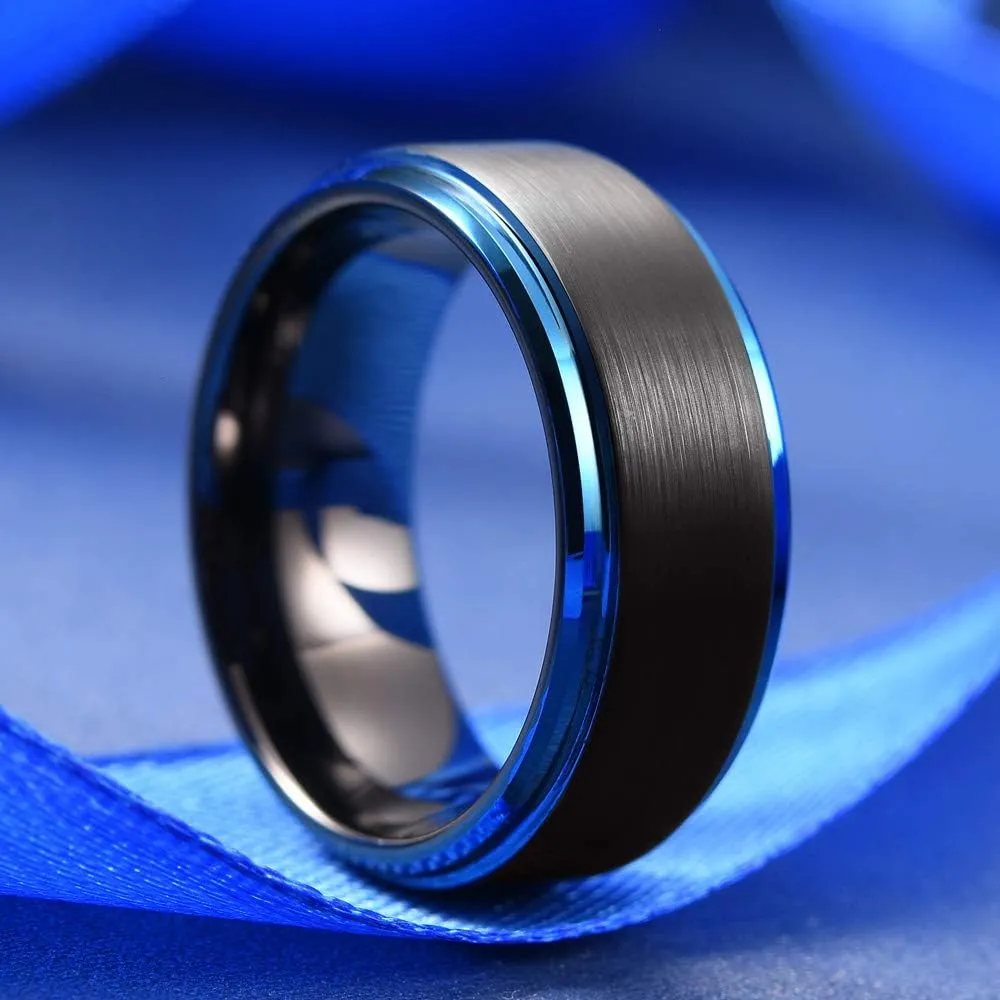 THREE KEYS JEWELRY Mens Wedding Bands 8mm Brushed Surface Edge Polished Tungsten Carbide Wedding Ring Comfort Fit