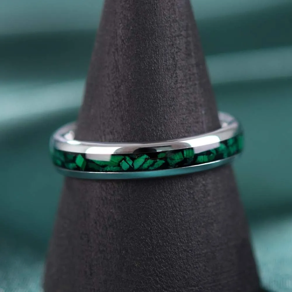 THREE KEYS JEWELRY Womens Charming Jewelry 4mm Tungsten Green Green Stone Inlay Polished Wedding Carbide Ring Band for Women Engagement Silver