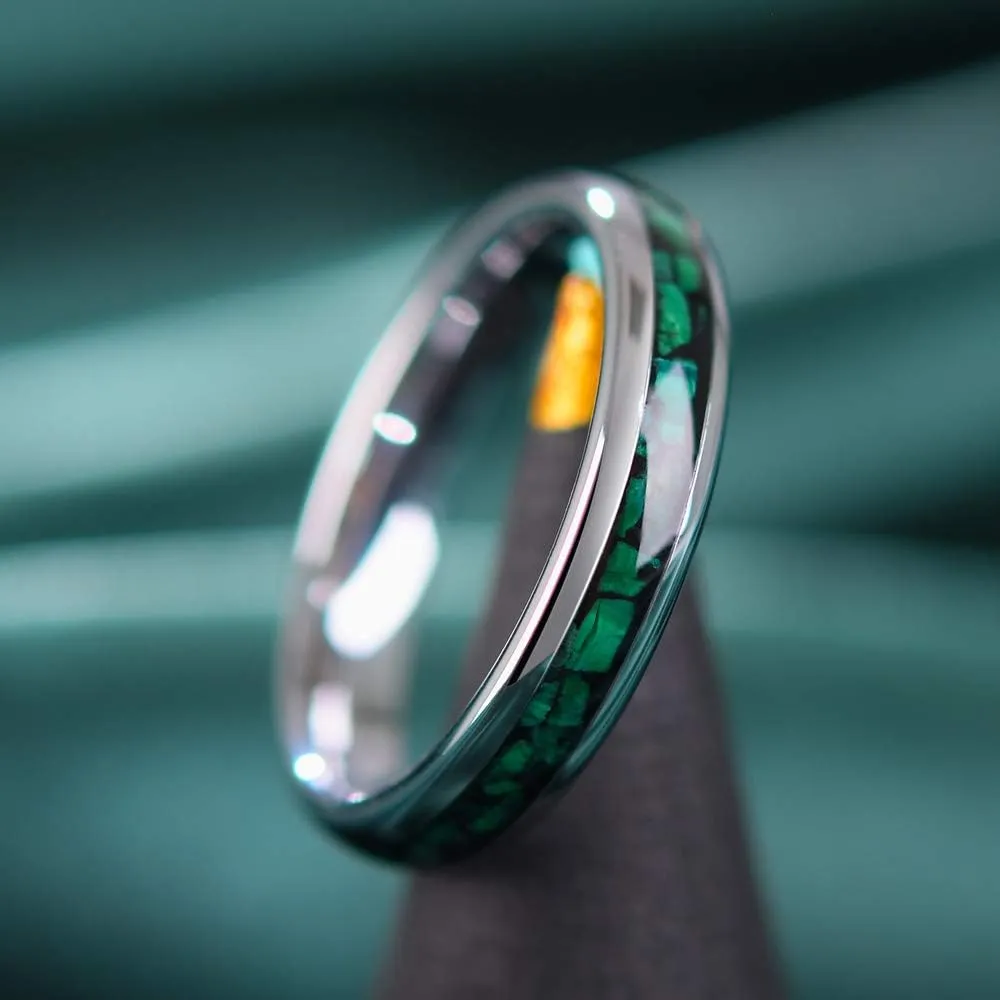THREE KEYS JEWELRY Womens Charming Jewelry 4mm Tungsten Green Green Stone Inlay Polished Wedding Carbide Ring Band for Women Engagement Silver