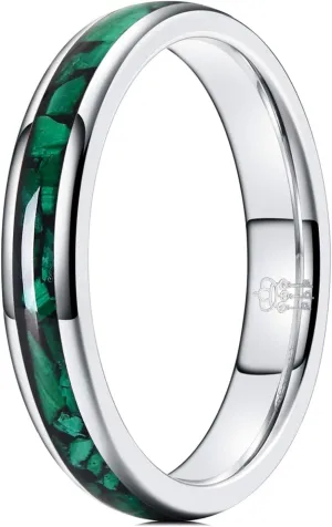 THREE KEYS JEWELRY Womens Charming Jewelry 4mm Tungsten Green Green Stone Inlay Polished Wedding Carbide Ring Band for Women Engagement Silver