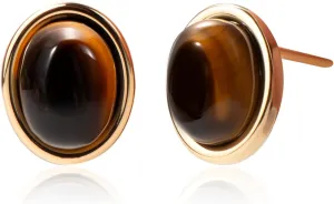 Tiger Eye Stud Earrings in 14K Gold  Natural Gemstone Brown Earrings for Women, Brown Tiger Eye Jewelry for Gift