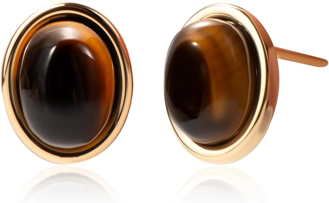 Tiger Eye Stud Earrings in 14K Gold  Natural Gemstone Brown Earrings for Women, Brown Tiger Eye Jewelry for Gift