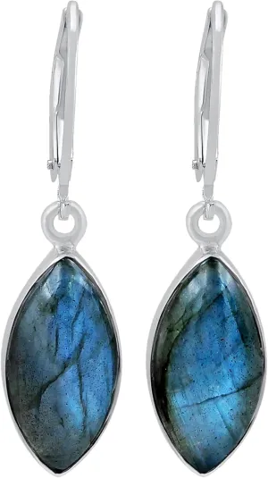 TISHAVI Natural Gemstone Marquise Shape Dangle Earrings - 925 Sterling Silver Leverback Birthstone Jewelry Earrings for Women