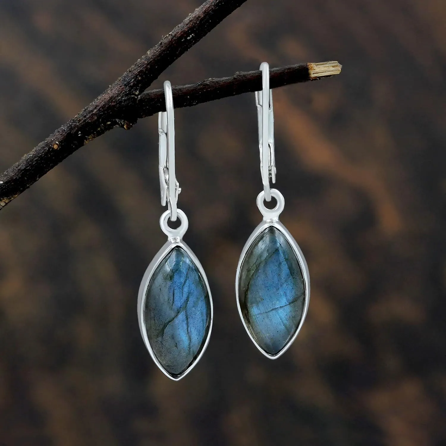 TISHAVI Natural Gemstone Marquise Shape Dangle Earrings - 925 Sterling Silver Leverback Birthstone Jewelry Earrings for Women