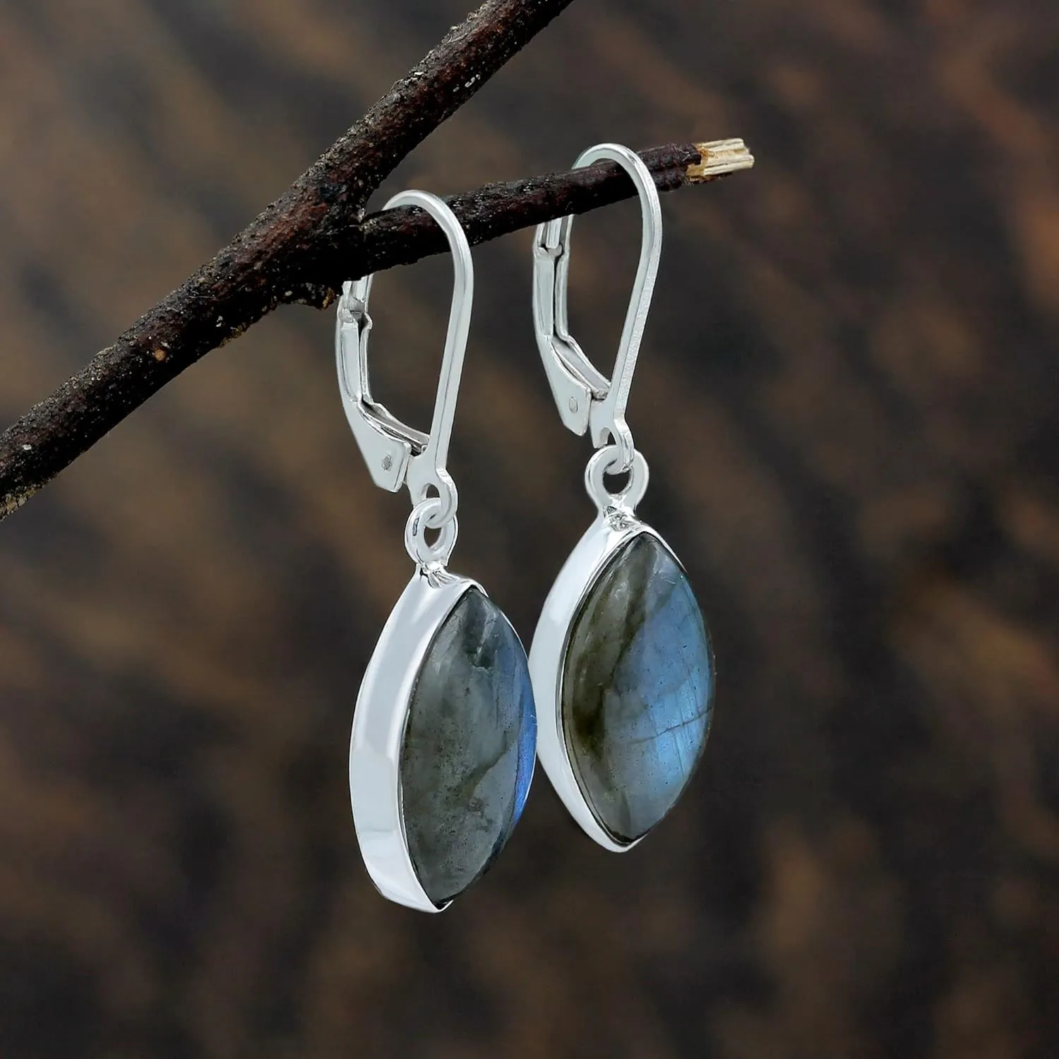 TISHAVI Natural Gemstone Marquise Shape Dangle Earrings - 925 Sterling Silver Leverback Birthstone Jewelry Earrings for Women