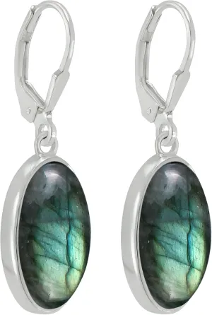 TISHAVI Natural Oval Gemstone Dangle Drop Earrings - 925 Sterling Silver Birthstone Earrings for Women - Handmade Silver Leverback Jewelry Gifts for Mom Wife Sister
