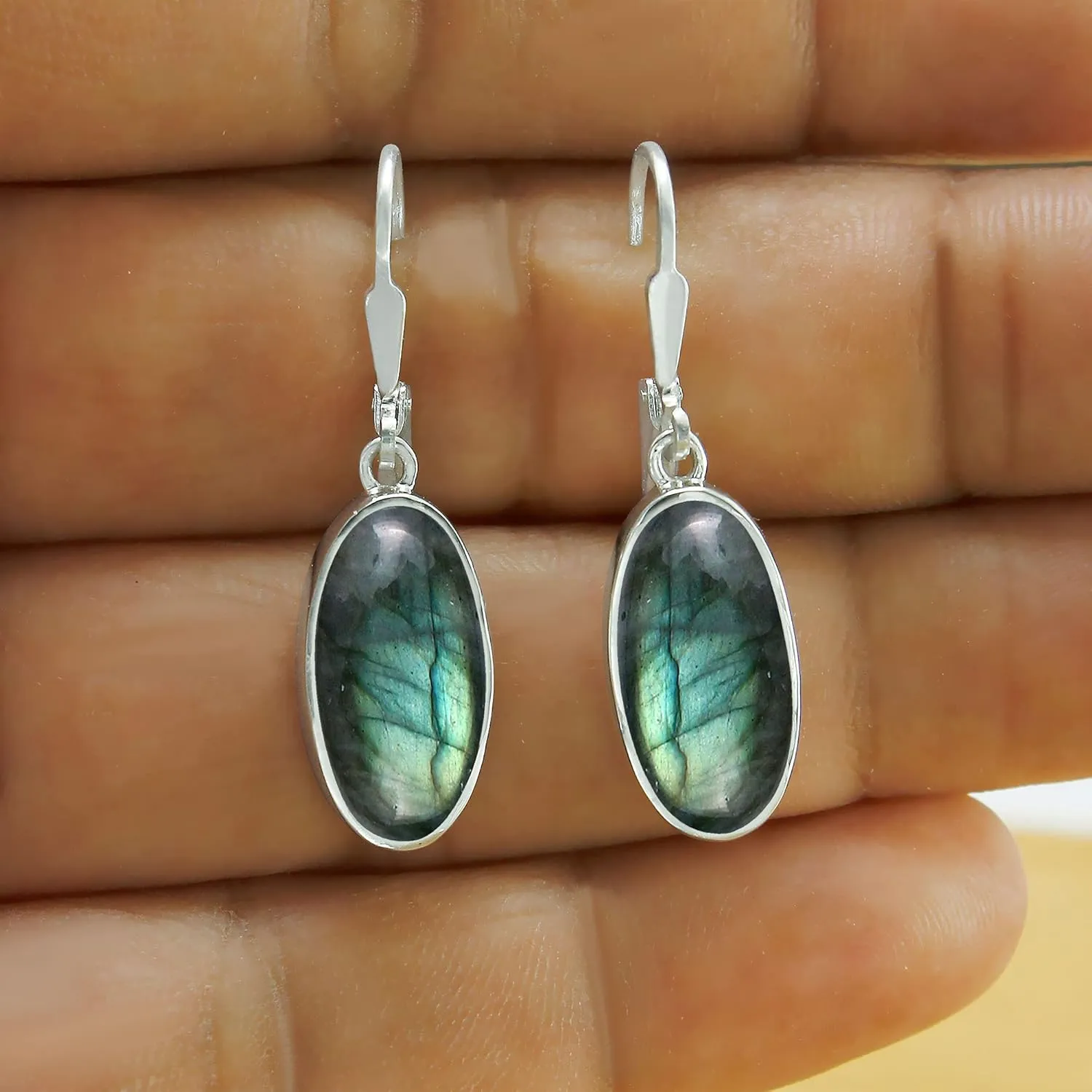 TISHAVI Natural Oval Gemstone Dangle Drop Earrings - 925 Sterling Silver Birthstone Earrings for Women - Handmade Silver Leverback Jewelry Gifts for Mom Wife Sister