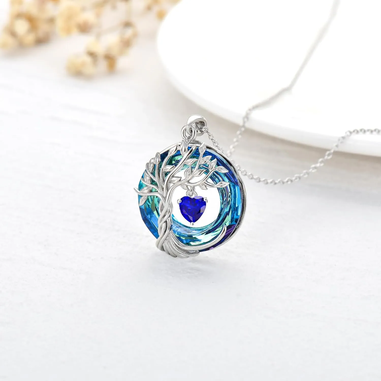 TOUPOP Tree of Life Birthstone Necklaces for Women White Gold Plated 925 Sterling Silver Irish Celtic Tree Jewelry Austrian Crystal Necklace Birthday Anniversary Mother's Day Gifts for Mom Her Wife