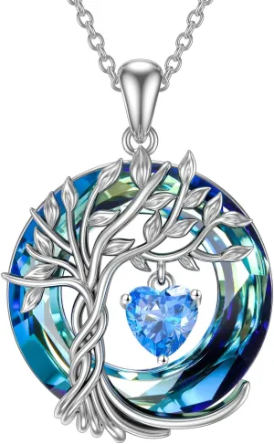 TOUPOP Tree of Life Birthstone Necklaces for Women White Gold Plated 925 Sterling Silver Irish Celtic Tree Jewelry Austrian Crystal Necklace Birthday Anniversary Mother's Day Gifts for Mom Her Wife