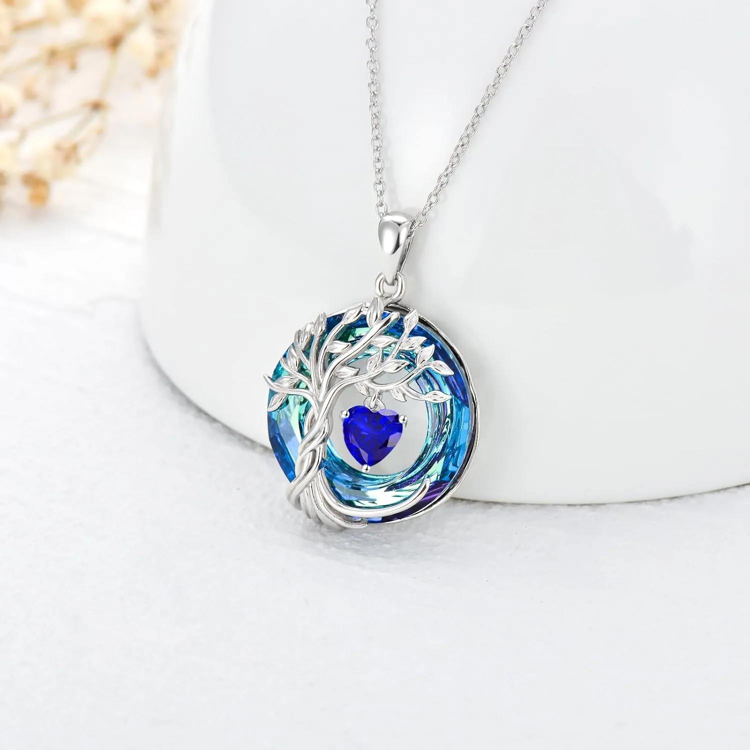 TOUPOP Tree of Life Birthstone Necklaces for Women White Gold Plated 925 Sterling Silver Irish Celtic Tree Jewelry Austrian Crystal Necklace Birthday Anniversary Mother's Day Gifts for Mom Her Wife