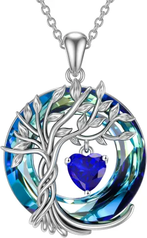 TOUPOP Tree of Life Birthstone Necklaces for Women White Gold Plated 925 Sterling Silver Irish Celtic Tree Jewelry Austrian Crystal Necklace Birthday Anniversary Mother's Day Gifts for Mom Her Wife