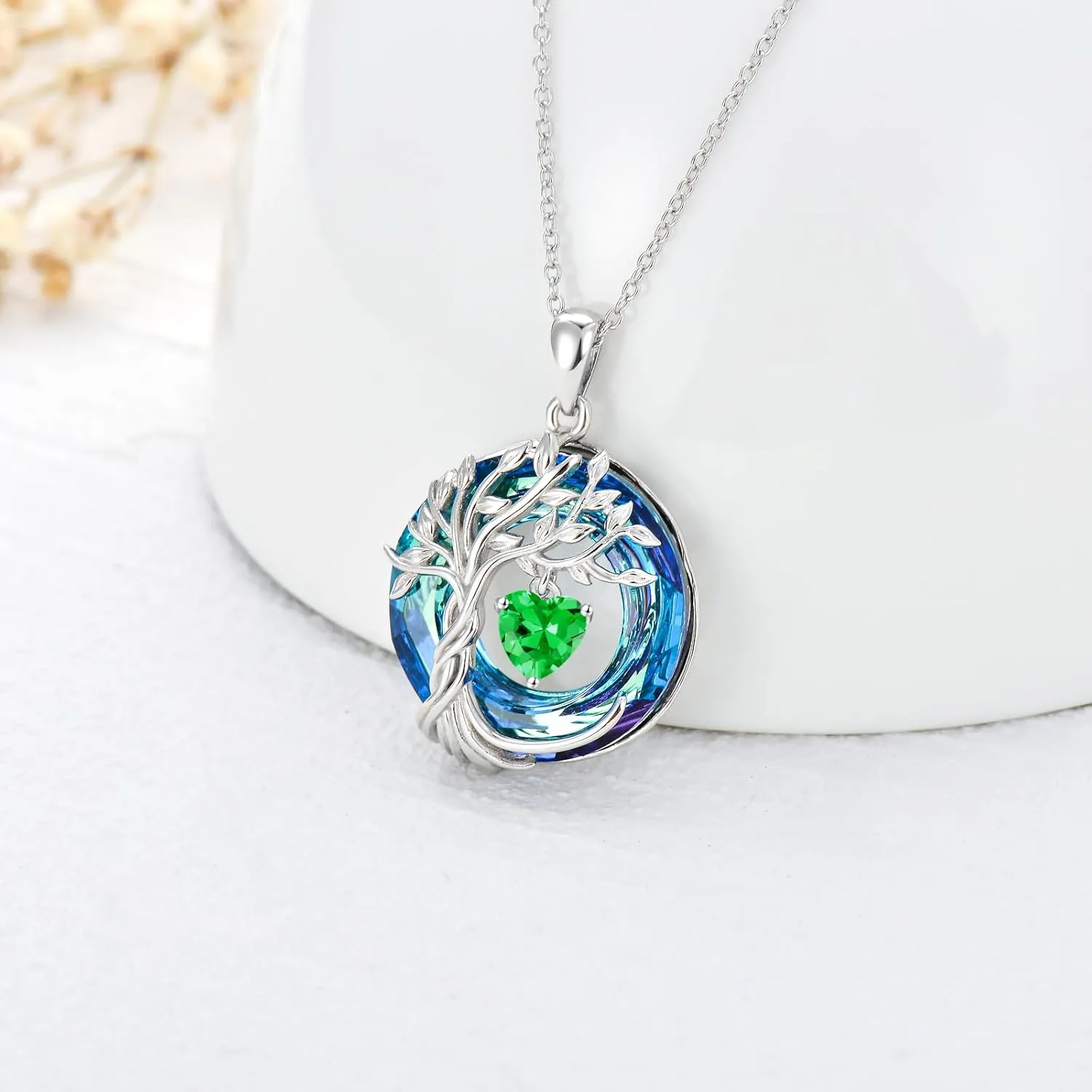 TOUPOP Tree of Life Birthstone Necklaces for Women White Gold Plated 925 Sterling Silver Irish Celtic Tree Jewelry Austrian Crystal Necklace Birthday Anniversary Mother's Day Gifts for Mom Her Wife