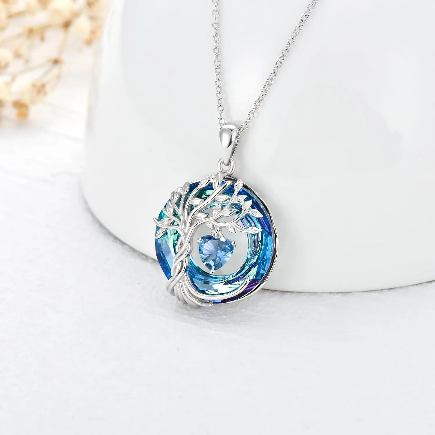 TOUPOP Tree of Life Birthstone Necklaces for Women White Gold Plated 925 Sterling Silver Irish Celtic Tree Jewelry Austrian Crystal Necklace Birthday Anniversary Mother's Day Gifts for Mom Her Wife
