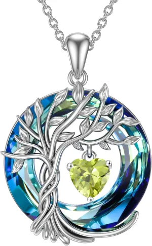 TOUPOP Tree of Life Birthstone Necklaces for Women White Gold Plated 925 Sterling Silver Irish Celtic Tree Jewelry Austrian Crystal Necklace Birthday Anniversary Mother's Day Gifts for Mom Her Wife
