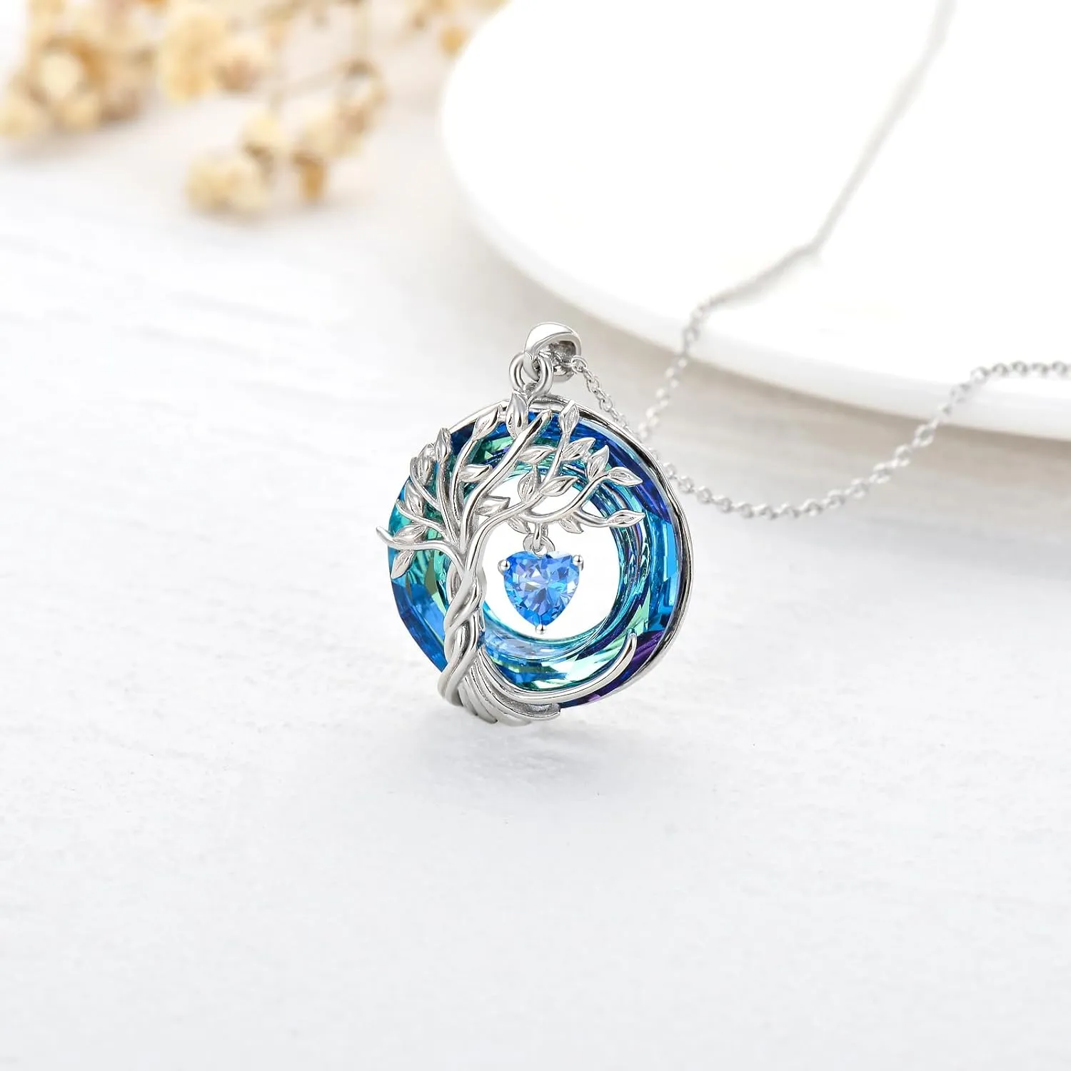 TOUPOP Tree of Life Birthstone Necklaces for Women White Gold Plated 925 Sterling Silver Irish Celtic Tree Jewelry Austrian Crystal Necklace Birthday Anniversary Mother's Day Gifts for Mom Her Wife