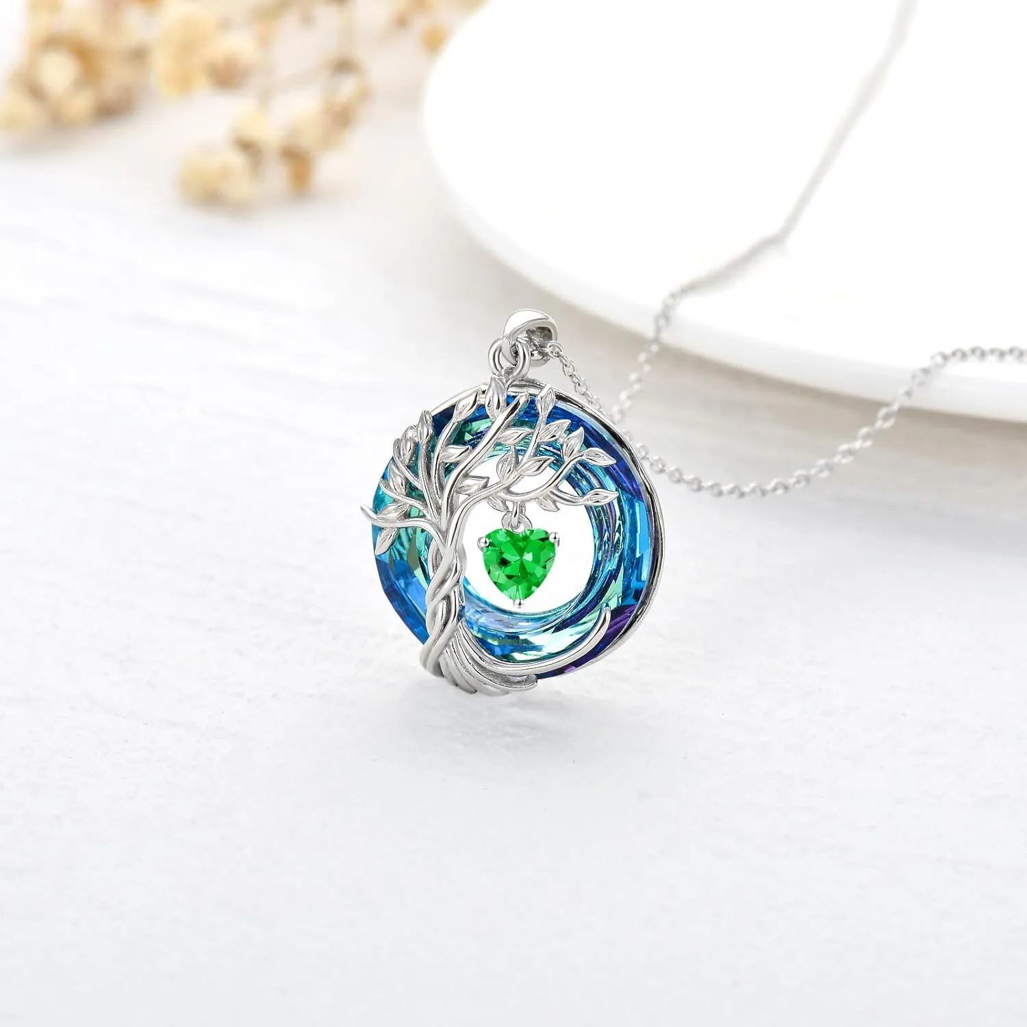 TOUPOP Tree of Life Birthstone Necklaces for Women White Gold Plated 925 Sterling Silver Irish Celtic Tree Jewelry Austrian Crystal Necklace Birthday Anniversary Mother's Day Gifts for Mom Her Wife