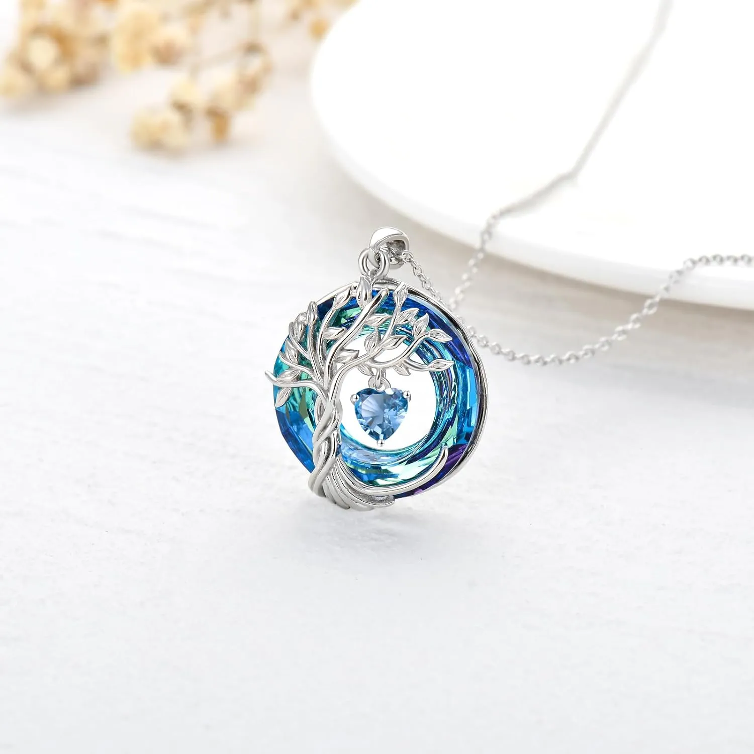 TOUPOP Tree of Life Birthstone Necklaces for Women White Gold Plated 925 Sterling Silver Irish Celtic Tree Jewelry Austrian Crystal Necklace Birthday Anniversary Mother's Day Gifts for Mom Her Wife