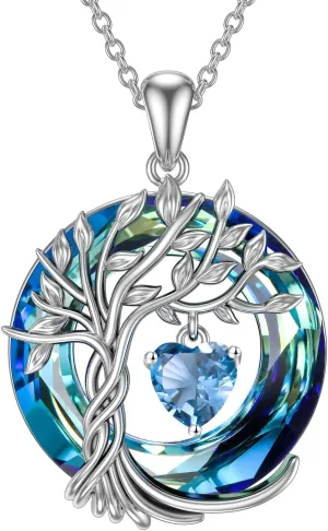 TOUPOP Tree of Life Birthstone Necklaces for Women White Gold Plated 925 Sterling Silver Irish Celtic Tree Jewelry Austrian Crystal Necklace Birthday Anniversary Mother's Day Gifts for Mom Her Wife