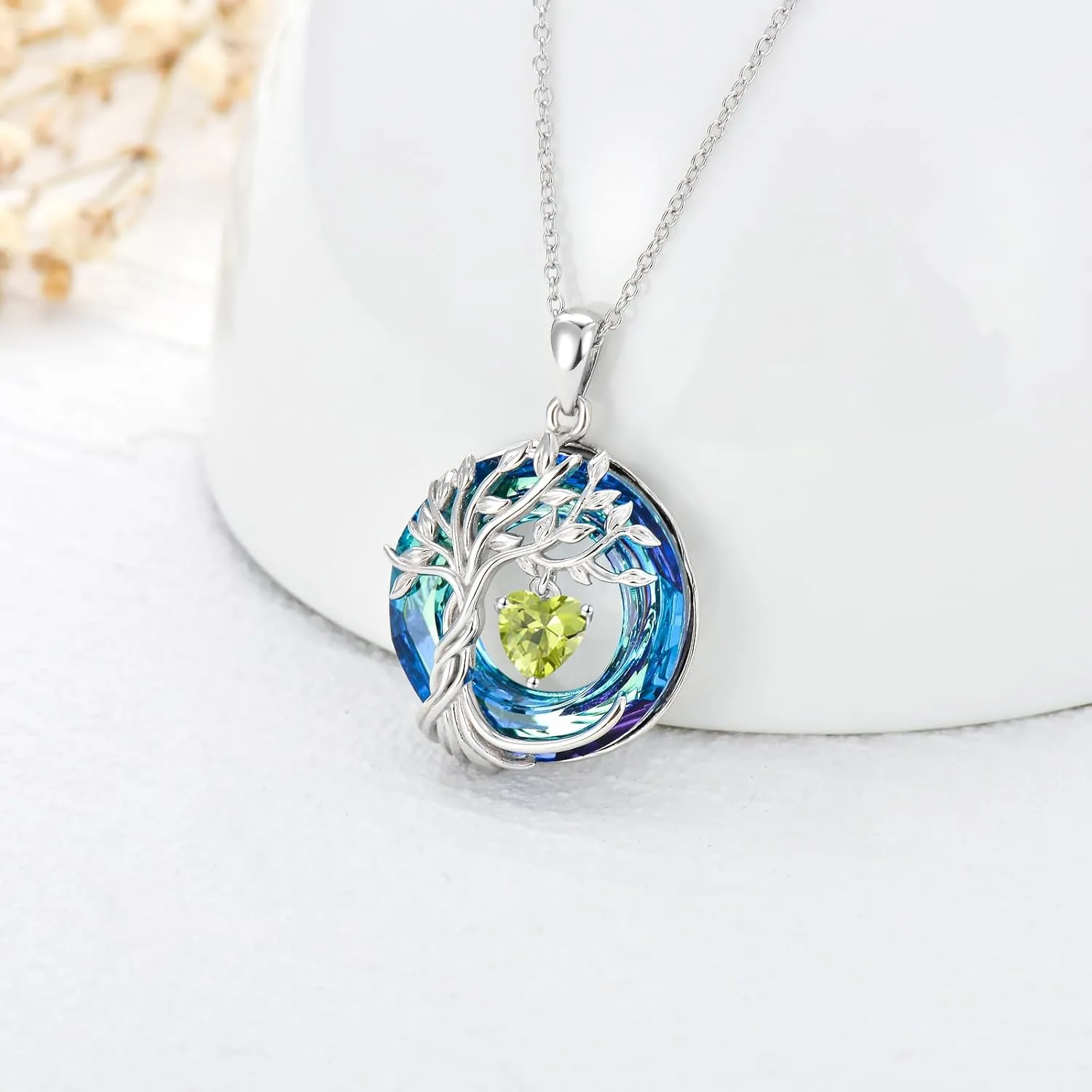 TOUPOP Tree of Life Birthstone Necklaces for Women White Gold Plated 925 Sterling Silver Irish Celtic Tree Jewelry Austrian Crystal Necklace Birthday Anniversary Mother's Day Gifts for Mom Her Wife