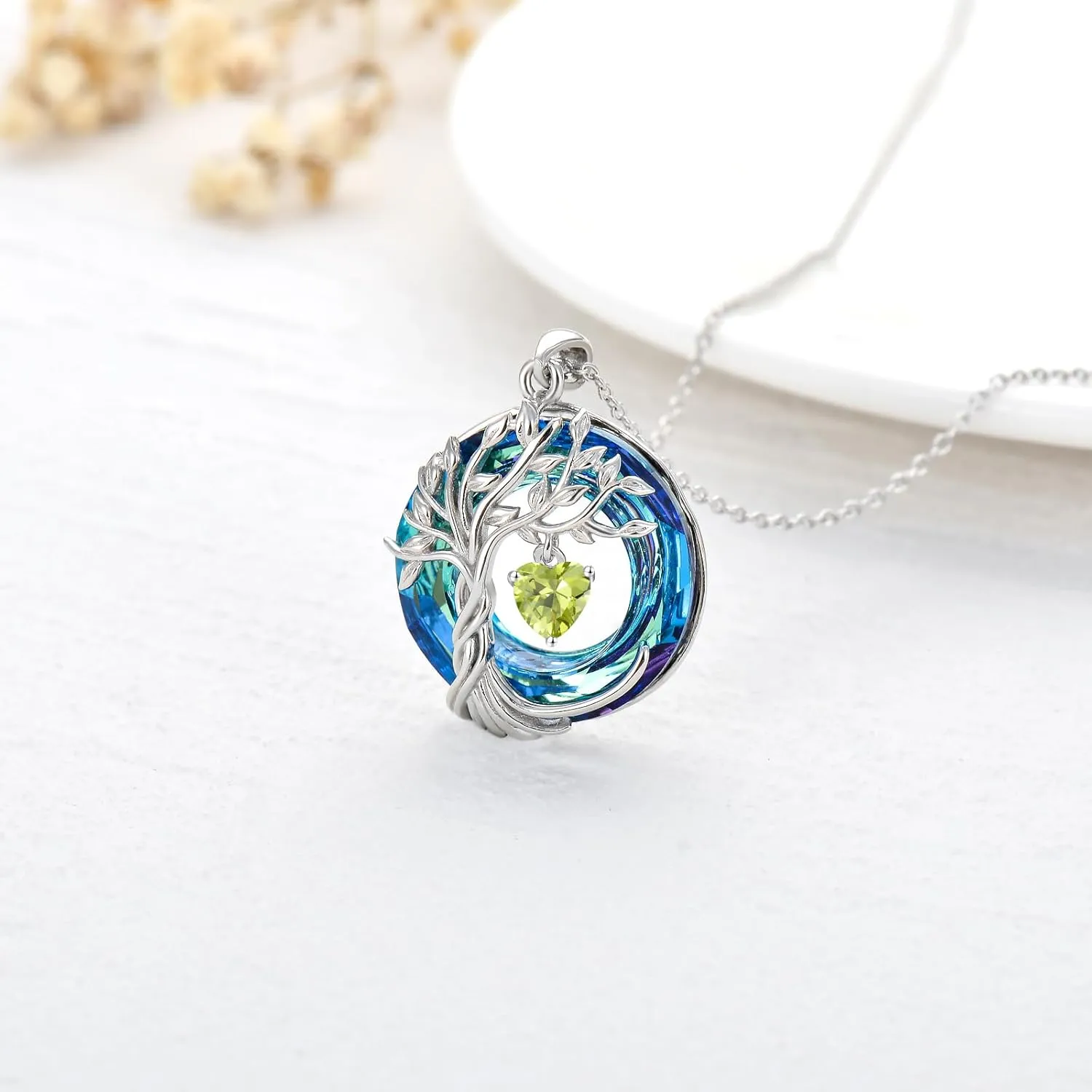TOUPOP Tree of Life Birthstone Necklaces for Women White Gold Plated 925 Sterling Silver Irish Celtic Tree Jewelry Austrian Crystal Necklace Birthday Anniversary Mother's Day Gifts for Mom Her Wife