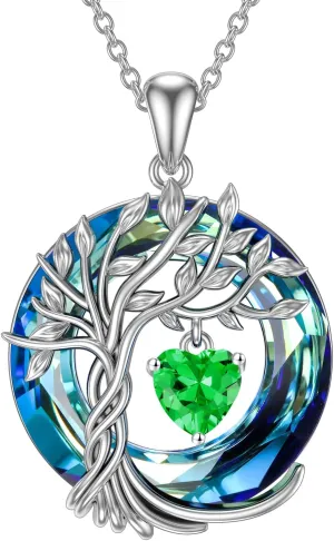 TOUPOP Tree of Life Birthstone Necklaces for Women White Gold Plated 925 Sterling Silver Irish Celtic Tree Jewelry Austrian Crystal Necklace Birthday Anniversary Mother's Day Gifts for Mom Her Wife