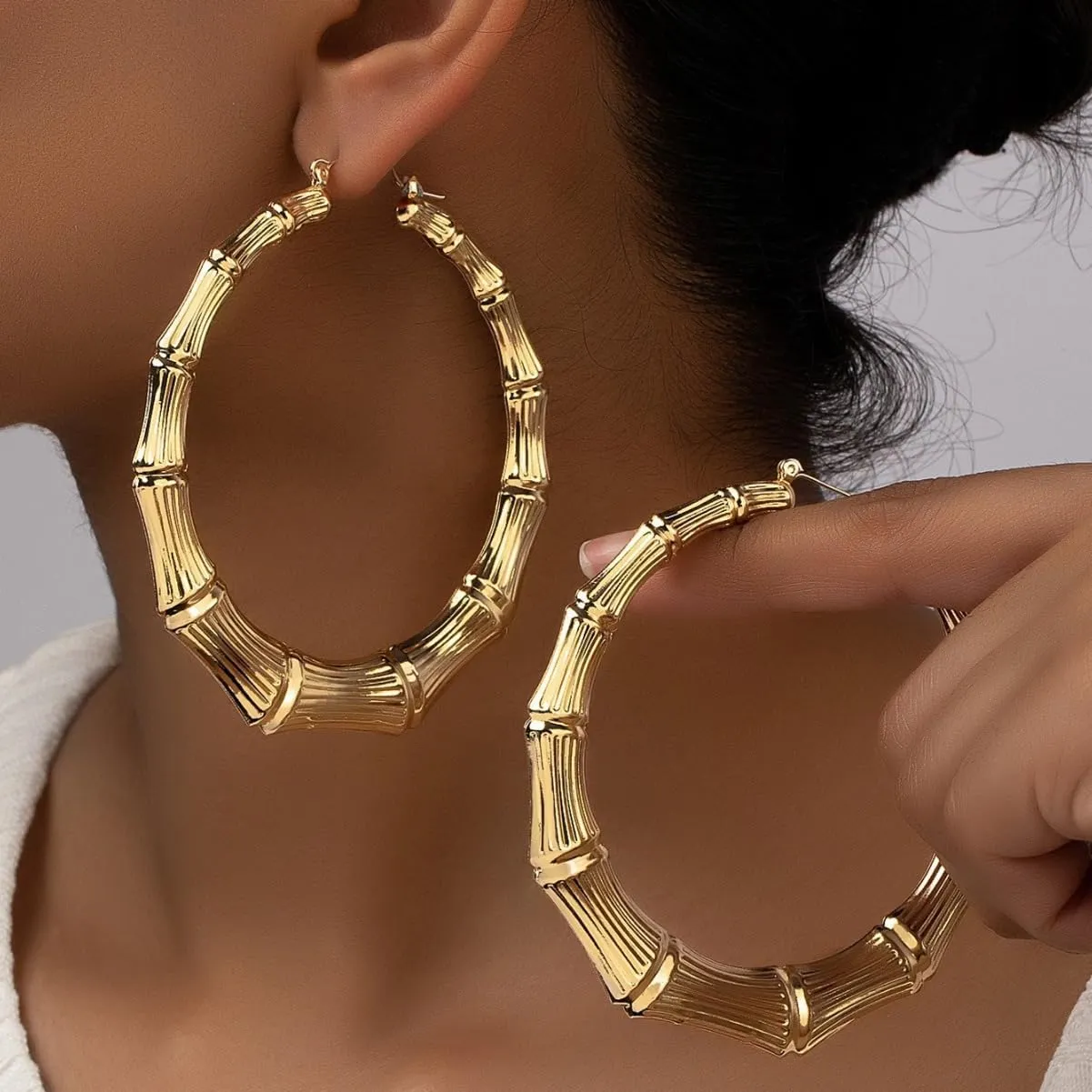 Trendy Bamboo Hoop Earrings - Large Gold Hoops with Black Rose and Red Accents - Hip Hop Jewelry Gifts for Women