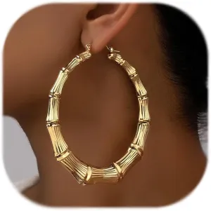 Trendy Bamboo Hoop Earrings - Large Gold Hoops with Black Rose and Red Accents - Hip Hop Jewelry Gifts for Women