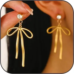 Trendy Bow Earrings for Women Cute 14K Gold Bow Knot Stud Hoop Earrings, Charm Long Drop Dangle Bow Earrings Christmas Hook Huggie Ear Jewelry Gifts