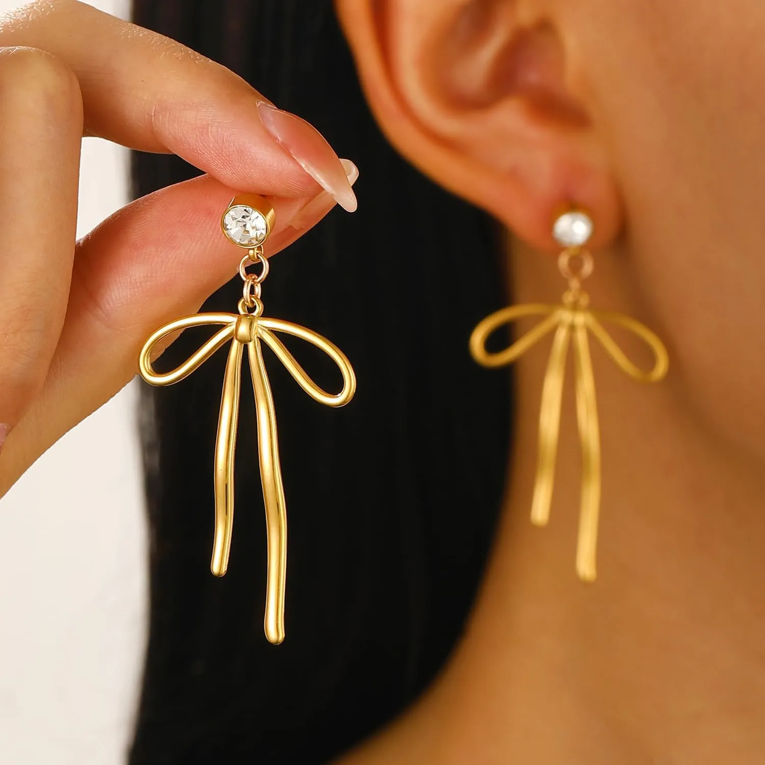 Trendy Bow Earrings for Women Cute 14K Gold Bow Knot Stud Hoop Earrings, Charm Long Drop Dangle Bow Earrings Christmas Hook Huggie Ear Jewelry Gifts